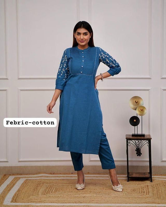 Elegant Office Kurti Pant Set – Embroidered & Pintex Detailing