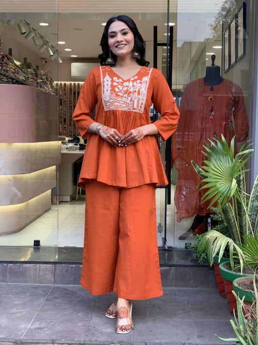 Trendy Embroidered Cotton Short Top & Palazzo Coord Set