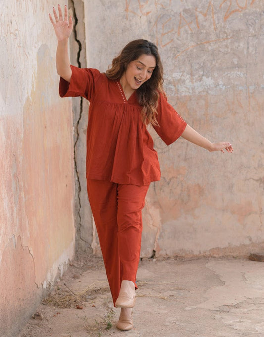 Teera Rust Cotton Coord Set – Stylish & Comfortable Fit