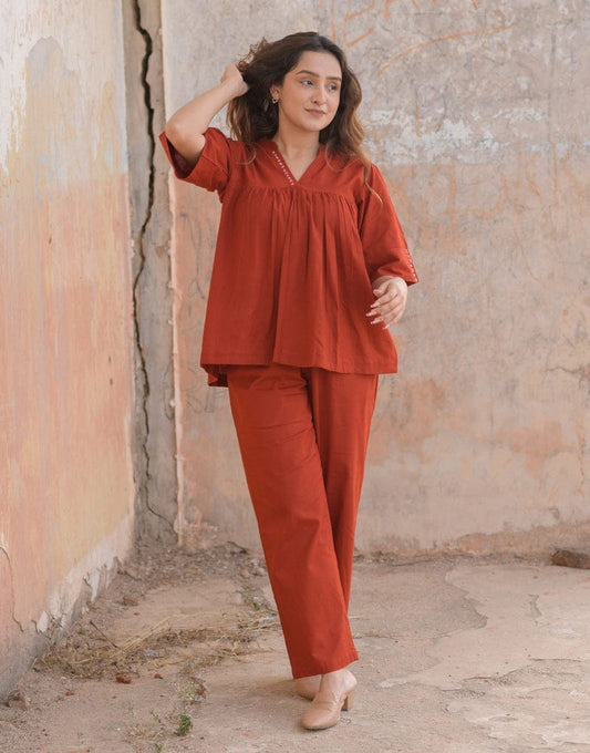 Teera Rust Cotton Coord Set – Stylish & Comfortable Fit
