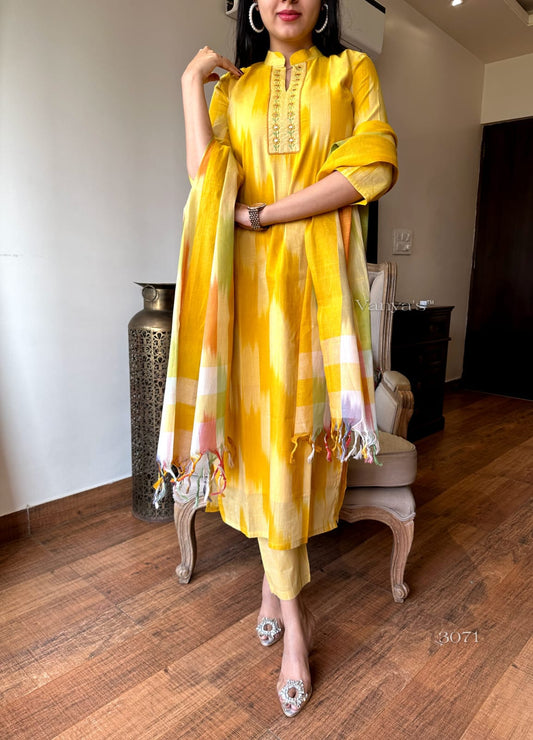 3071 Ready – Pure Handloom South Cotton Ikkat Ensemble