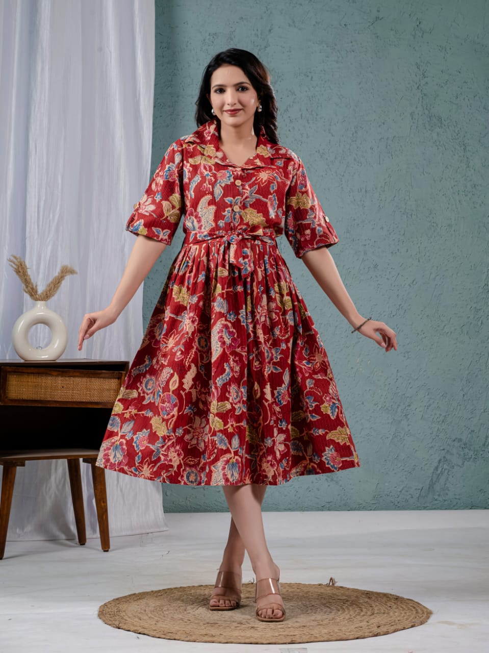 Elegant Katha Cotton One-Piece Frock with Belt