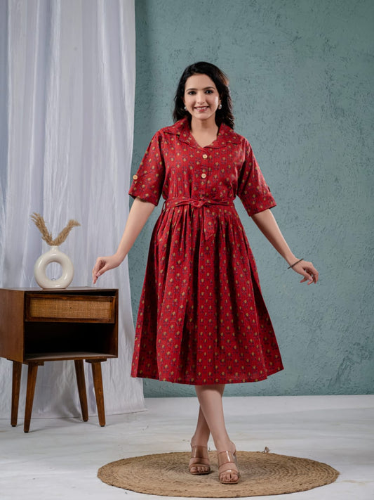 Elegant Katha Cotton One-Piece Frock with Belt