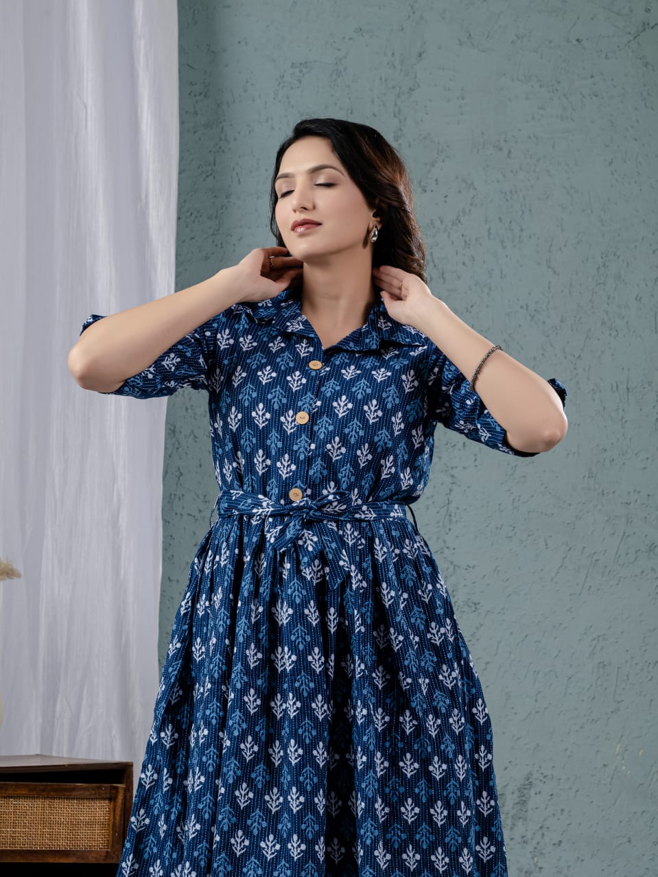 Elegant Katha Cotton One-Piece Frock with Belt