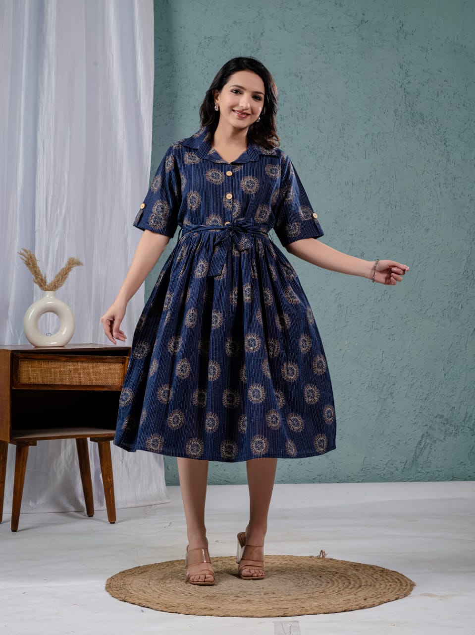 Elegant Katha Cotton One-Piece Frock with Belt