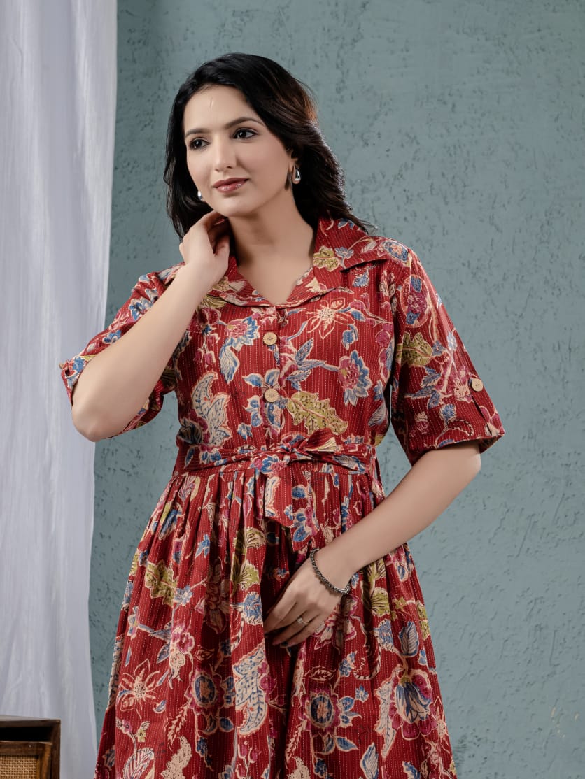 Elegant Katha Cotton One-Piece Frock with Belt