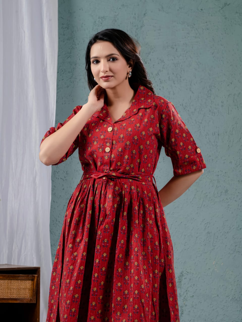 Elegant Katha Cotton One-Piece Frock with Belt