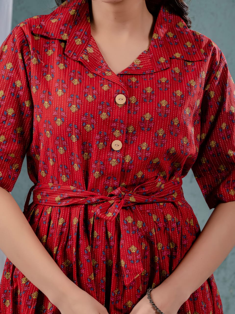Elegant Katha Cotton One-Piece Frock with Belt