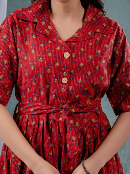 Elegant Katha Cotton One-Piece Frock with Belt