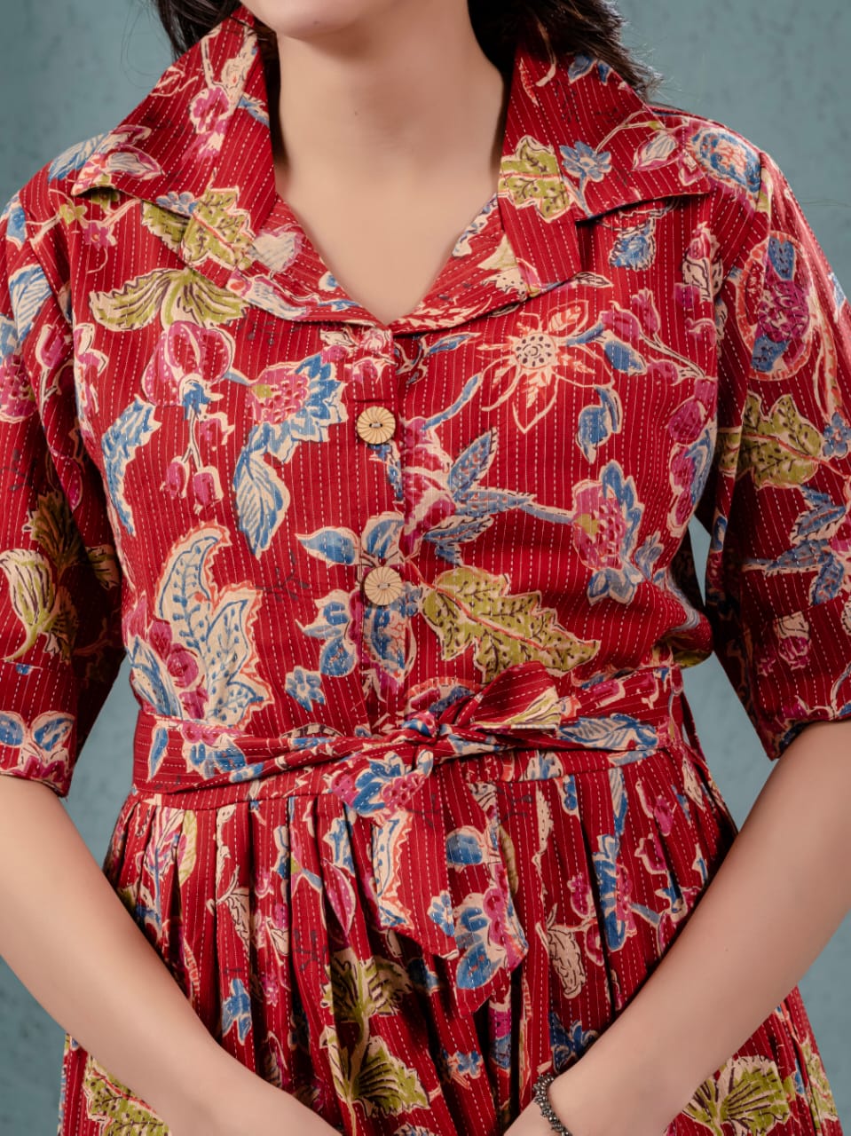 Elegant Katha Cotton One-Piece Frock with Belt
