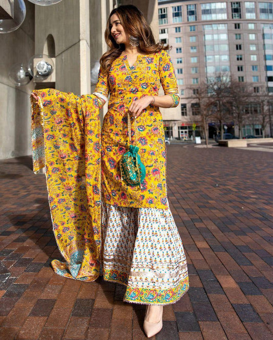 ✨ Party Wear 3-Piece Set – Kurti, Sharara & Dupatta ✨