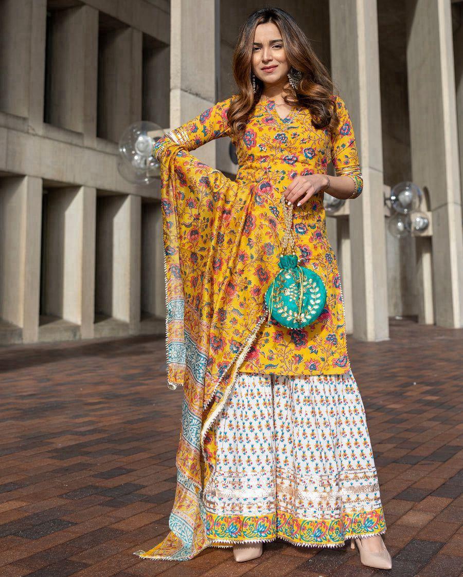 ✨ Party Wear 3-Piece Set – Kurti, Sharara & Dupatta ✨
