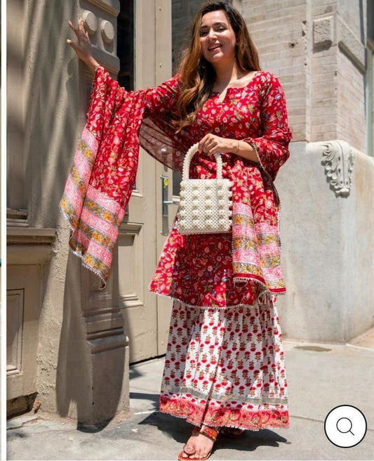 ✨ Party Wear 3-Piece Set – Kurti, Sharara & Dupatta ✨