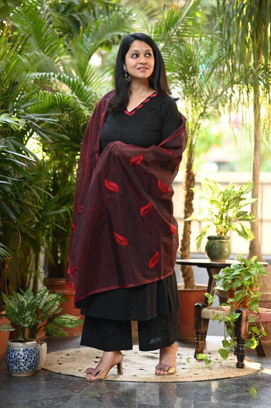 Elegant Black Cotton A-Line Suit Set with Red Thread Embroidery & Chanderi Dupatta