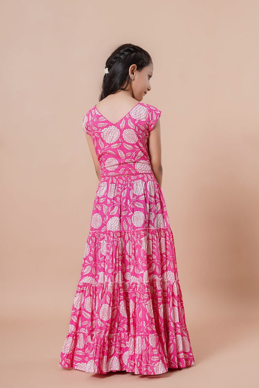 Bright Pink Floral Cotton Lehenga Choli Set with Dupatta – Girls (Ages 5-10)