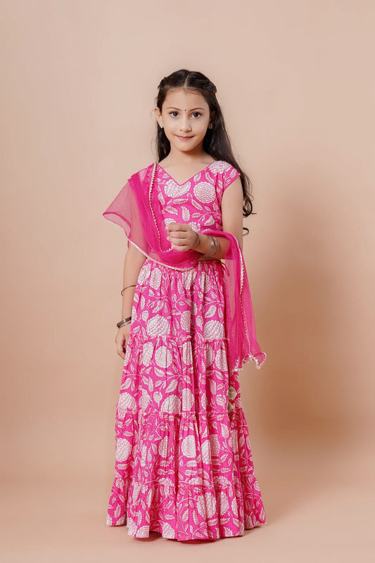 Bright Pink Floral Cotton Lehenga Choli Set with Dupatta – Girls (Ages 5-10)