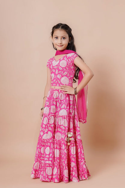 Bright Pink Floral Cotton Lehenga Choli Set with Dupatta – Girls (Ages 5-10)