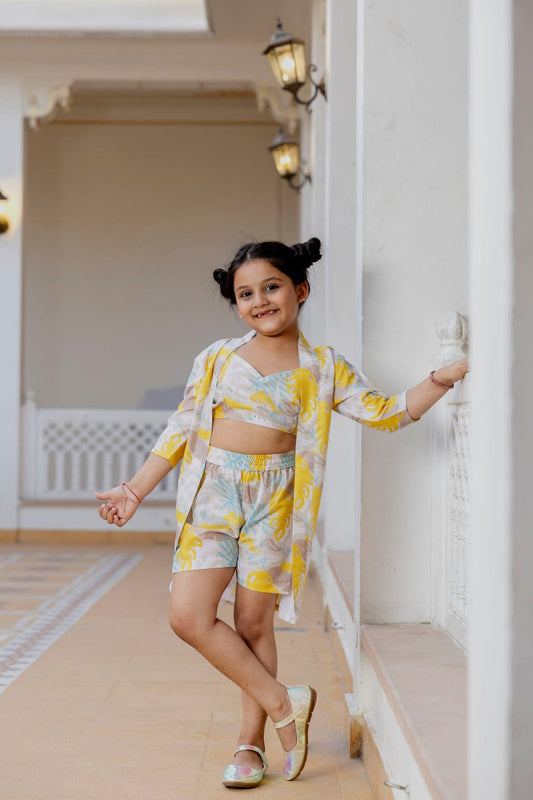 Girls' Pure Muslin Co-Ord Set – Choli, Shorts & Shrug (Ages 5-10)