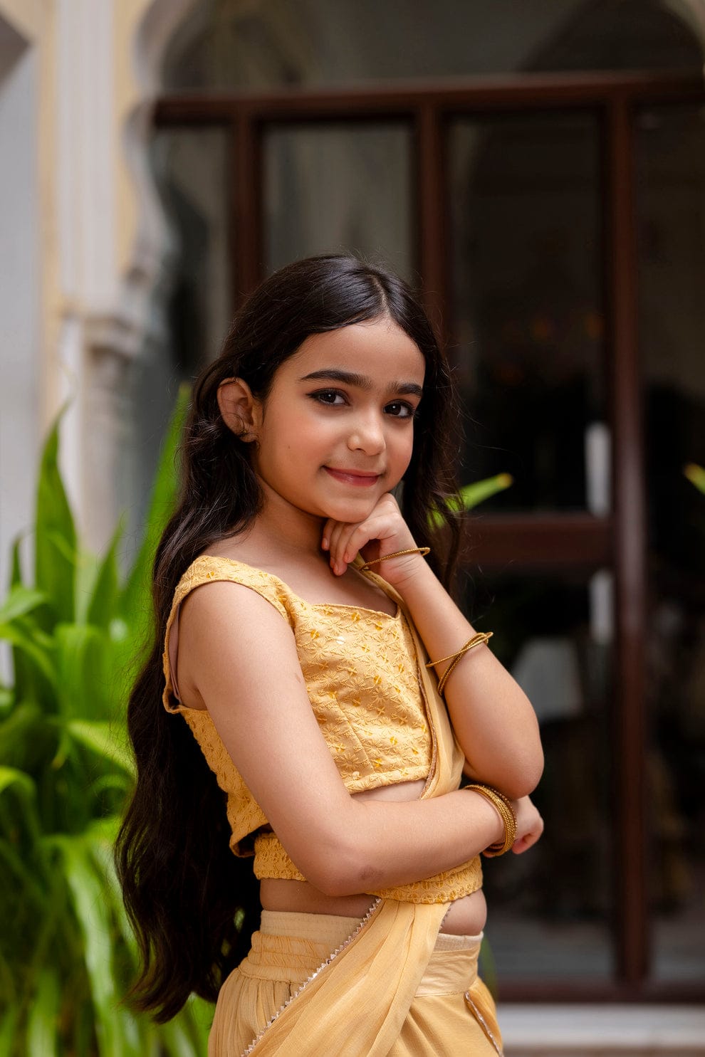 Sunshine Sparkle – Pre-Draped Chiffon Saree for Girls