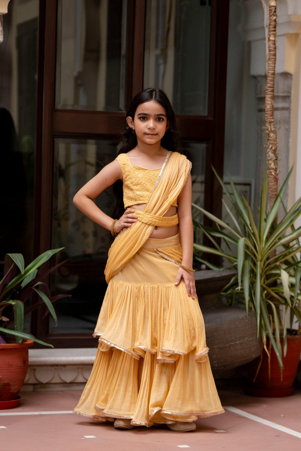 Sunshine Sparkle – Pre-Draped Chiffon Saree for Girls