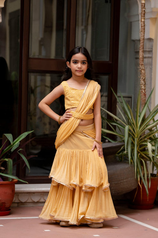 Sunshine Sparkle – Pre-Draped Chiffon Saree for Girls