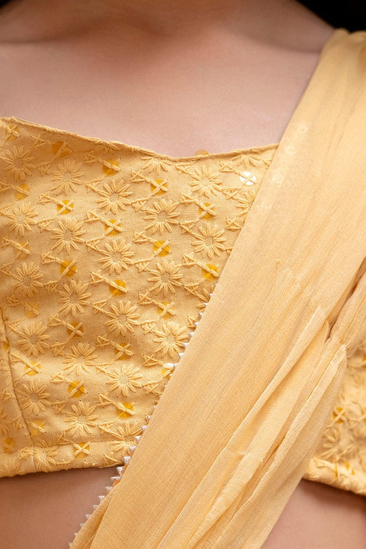 Sunshine Sparkle – Pre-Draped Chiffon Saree for Girls