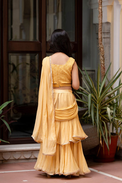 Sunshine Sparkle – Pre-Draped Chiffon Saree for Girls