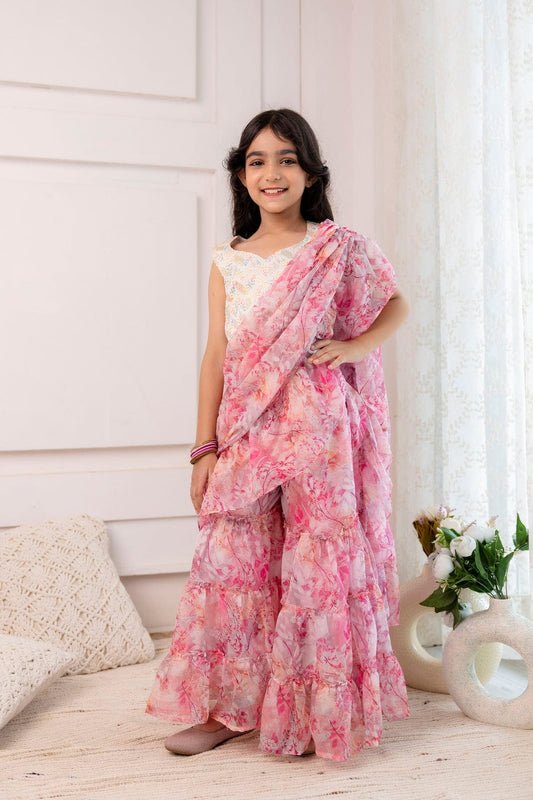 Blush Bloom – Ready-to-Wear Sharara Saree Set for Girls