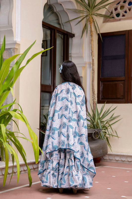 Peacock Paradise – Muslin Printed Top & Sharara Set with Shrug
