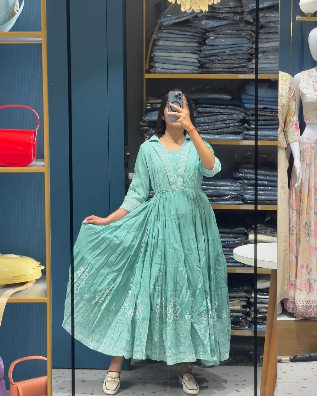 🦋 Sanganeri Magic: Cotton Anarkali Set with Adda & Embroidery Work 💫
