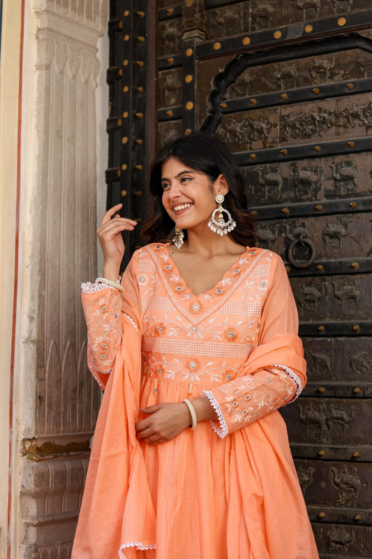 💫 Pure Cotton Full Flared Anarkali Set with Hand Embroidery 🧵✨