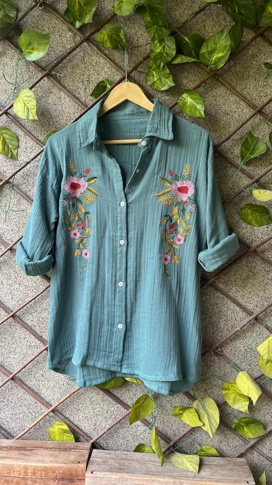 🌸 Floral Embroidered Mulmul Shirt – Soft, Chic & Breezy 💫