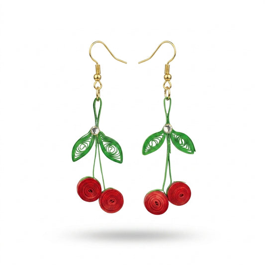 Handmade Paper Quilled Red Cherry Dangle Earrings with Green Leaves