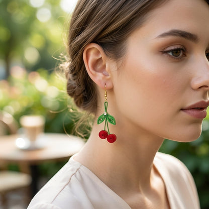 Handmade Paper Quilled Red Cherry Dangle Earrings with Green Leaves
