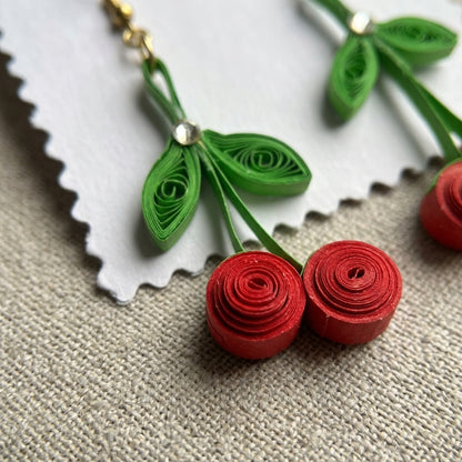 Handmade Paper Quilled Red Cherry Dangle Earrings with Green Leaves