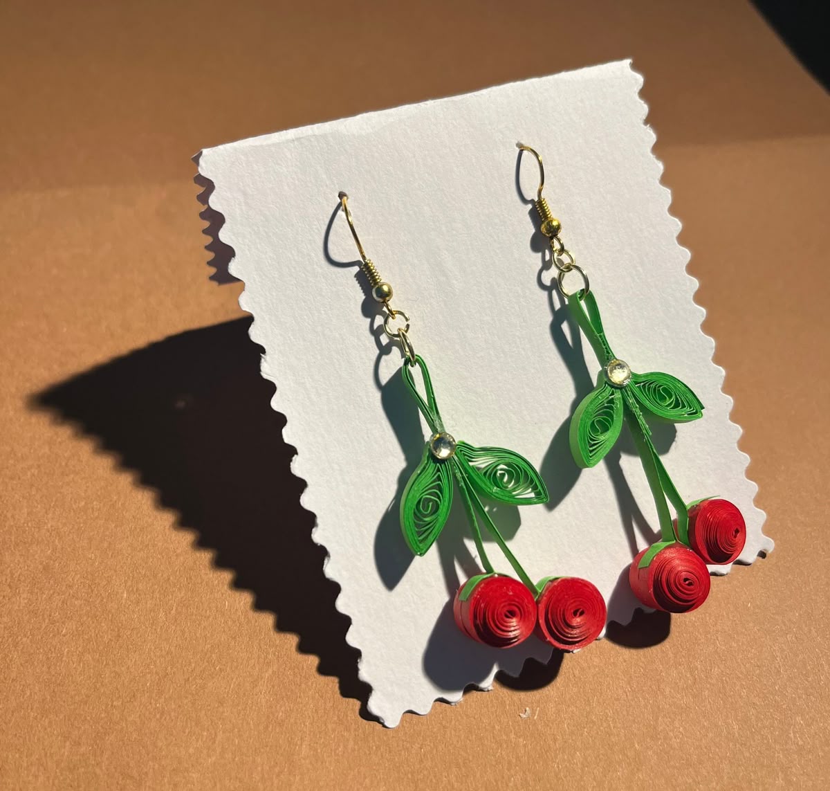 Handmade Paper Quilled Red Cherry Dangle Earrings with Green Leaves