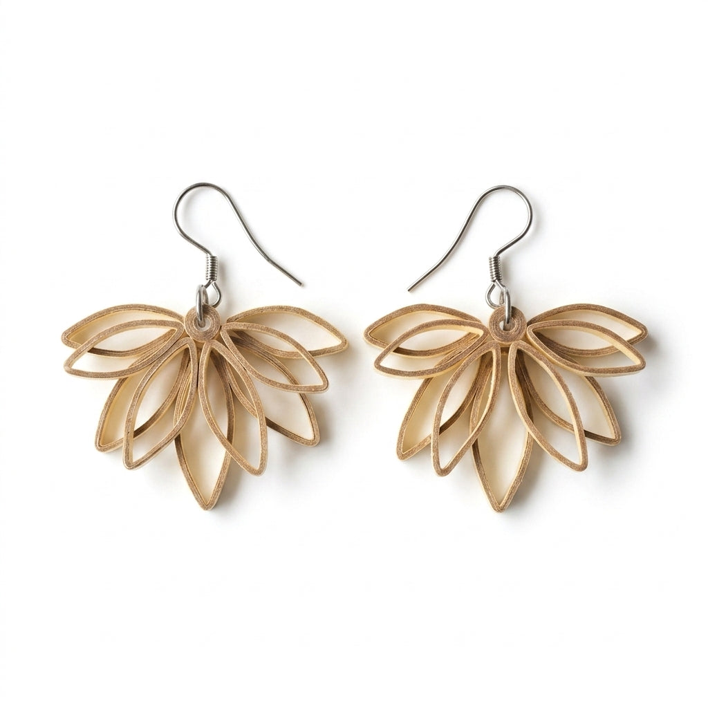 Handmade Paper Quilled Beige Lotus Petal Fan Dangle Earrings
