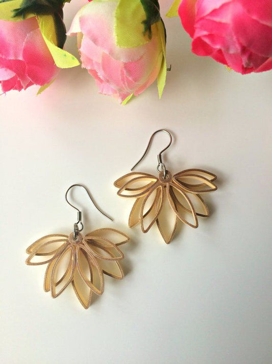 Handmade Paper Quilled Beige Lotus Petal Fan Dangle Earrings