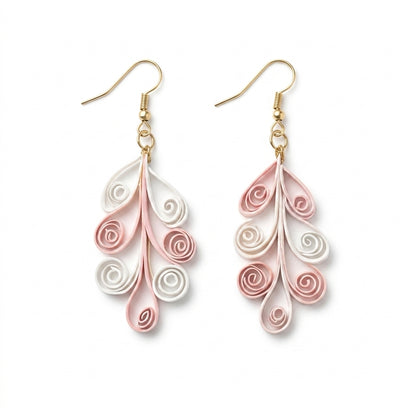 Handmade Paper Quilled Pink and White Swirl Tree Branch Dangle Earrings