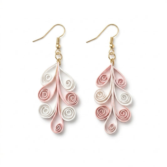 Handmade Paper Quilled Pink and White Swirl Tree Branch Dangle Earrings