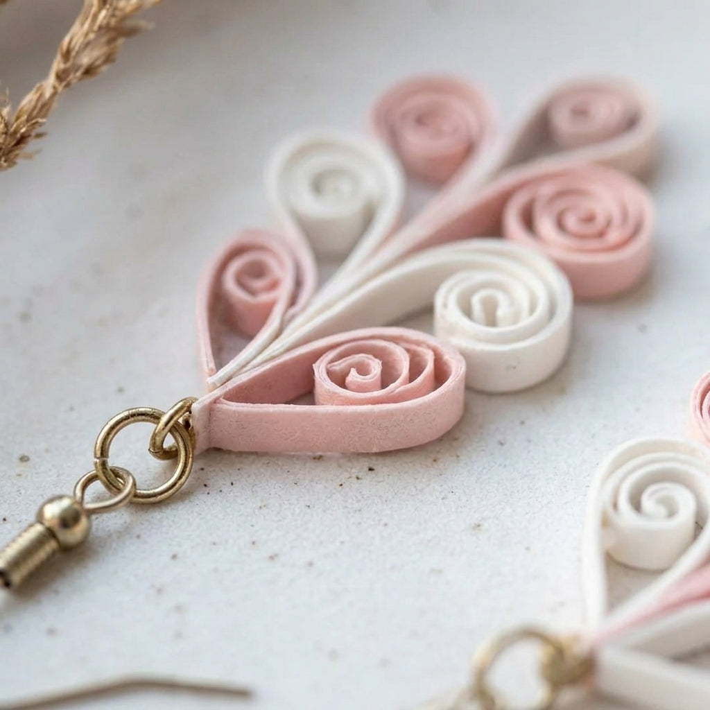 Handmade Paper Quilled Pink and White Swirl Tree Branch Dangle Earrings