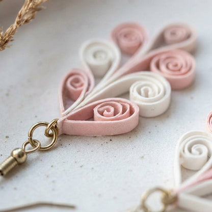 Handmade Paper Quilled Pink and White Swirl Tree Branch Dangle Earrings