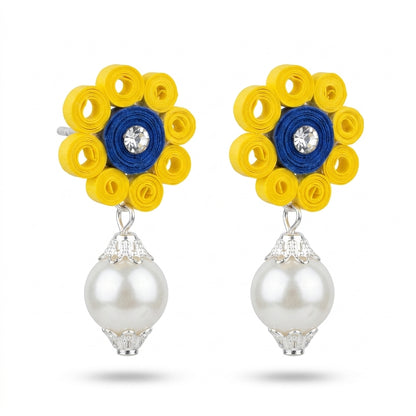 Handmade Paper Quilled Yellow Flower Stud Earrings with Blue Center and Pearl Drop