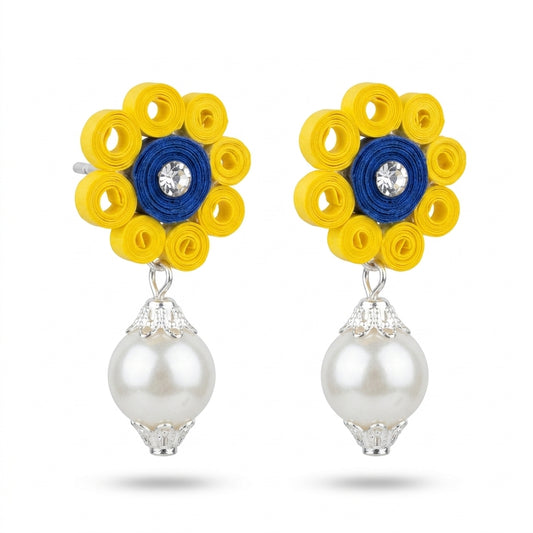 Handmade Paper Quilled Yellow Flower Stud Earrings with Blue Center and Pearl Drop
