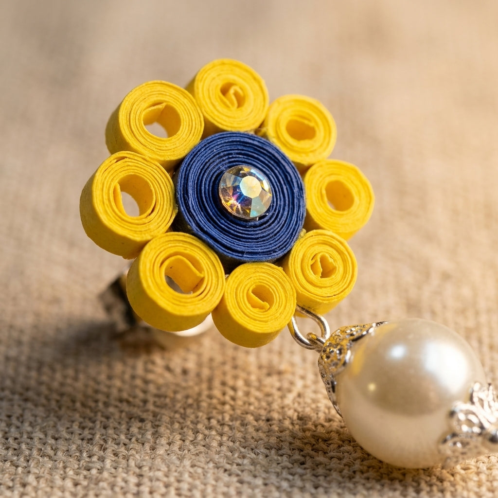 Handmade Paper Quilled Yellow Flower Stud Earrings with Blue Center and Pearl Drop
