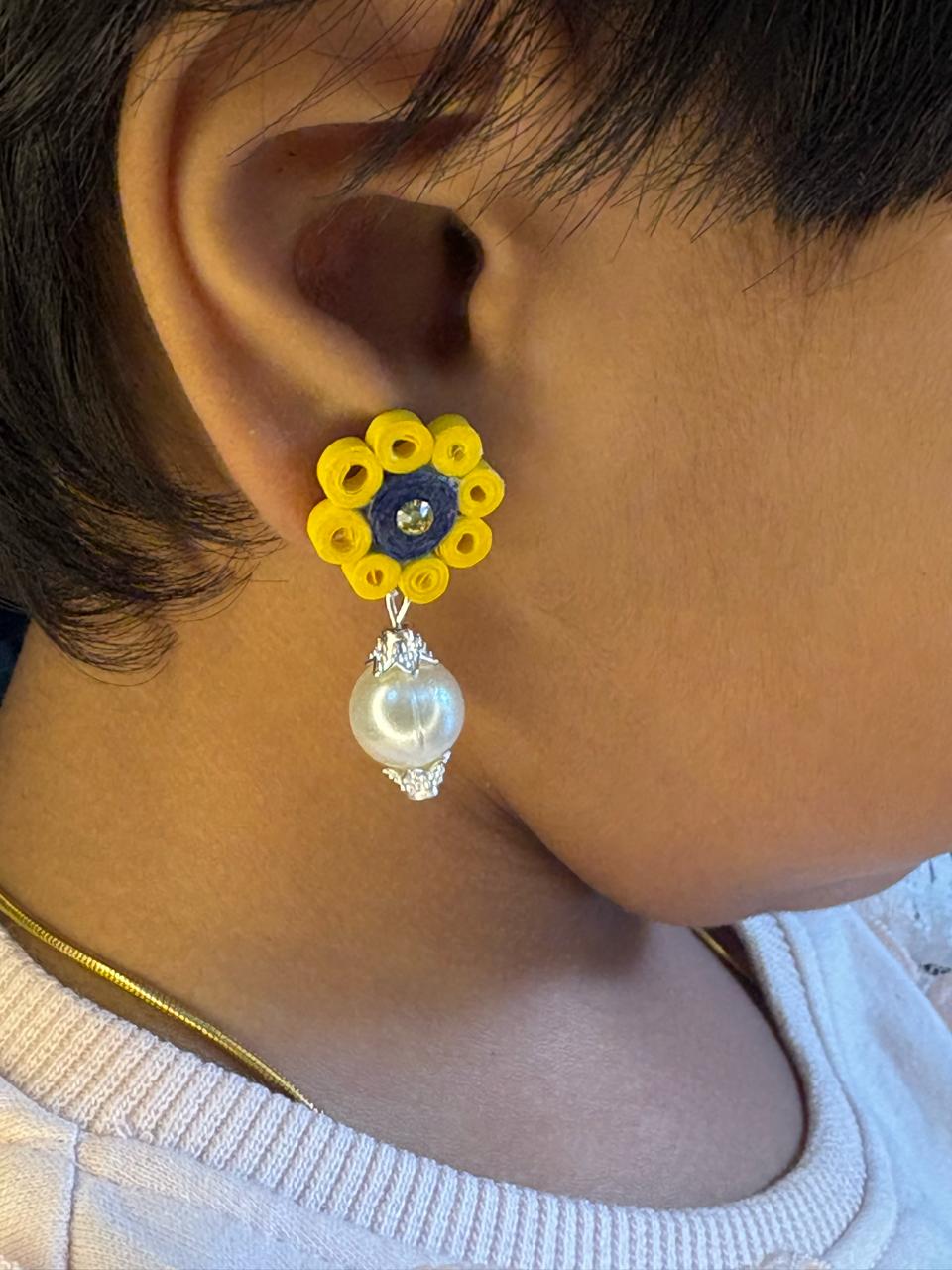 Handmade Paper Quilled Yellow Flower Stud Earrings with Blue Center and Pearl Drop