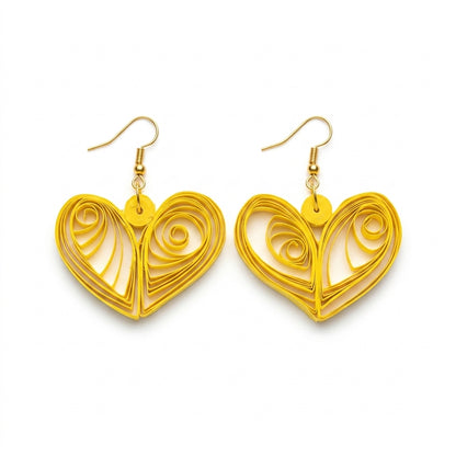 Handmade Paper Quilled Yellow Heart Filigree Dangle Drop Earrings