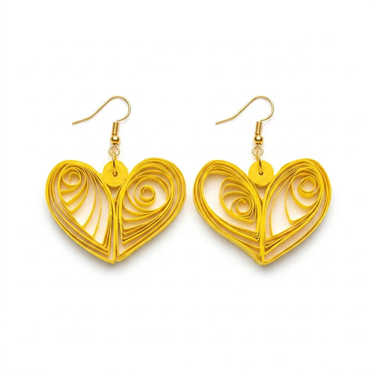 Handmade Paper Quilled Yellow Heart Filigree Dangle Drop Earrings