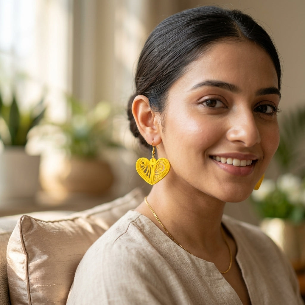 Handmade Paper Quilled Yellow Heart Filigree Dangle Drop Earrings