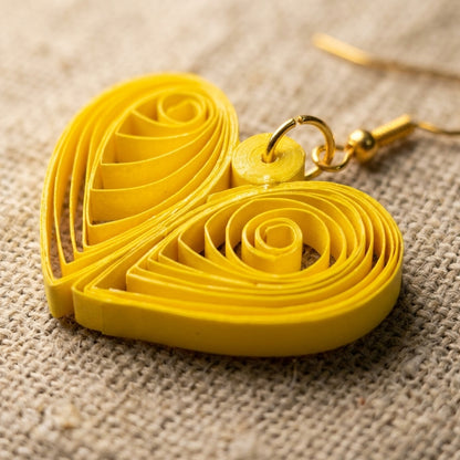 Handmade Paper Quilled Yellow Heart Filigree Dangle Drop Earrings